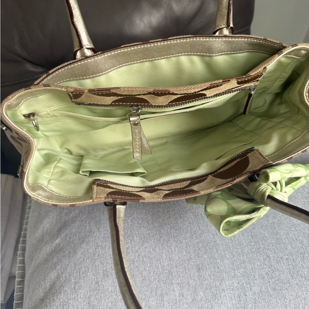 Coach Tan and Green Satchel with Bow Accent - Picture 5 of 10